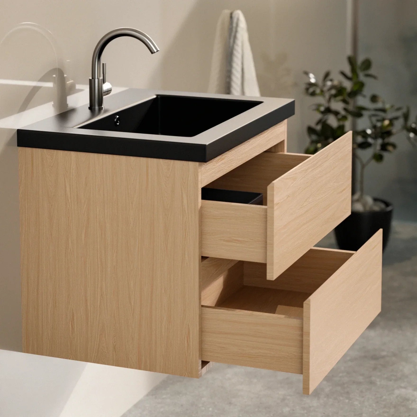 Badkamermeubel Karo - 60cm - Licht Eiken - Wastafel Zwart - Förbeställa