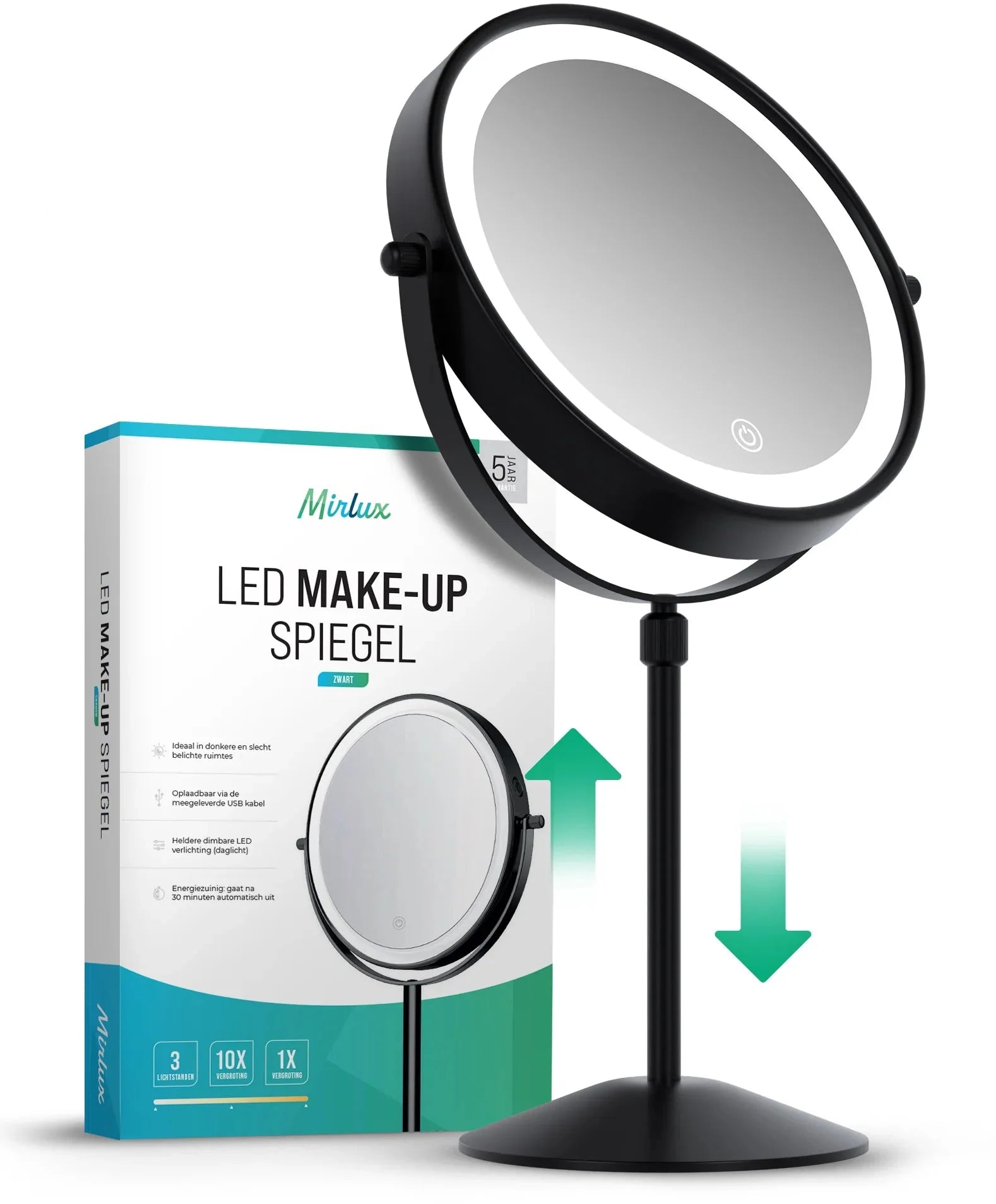 Make-Up Spiegel - Hoogte verstelbaar - Zwart - 1-10x Vergroting