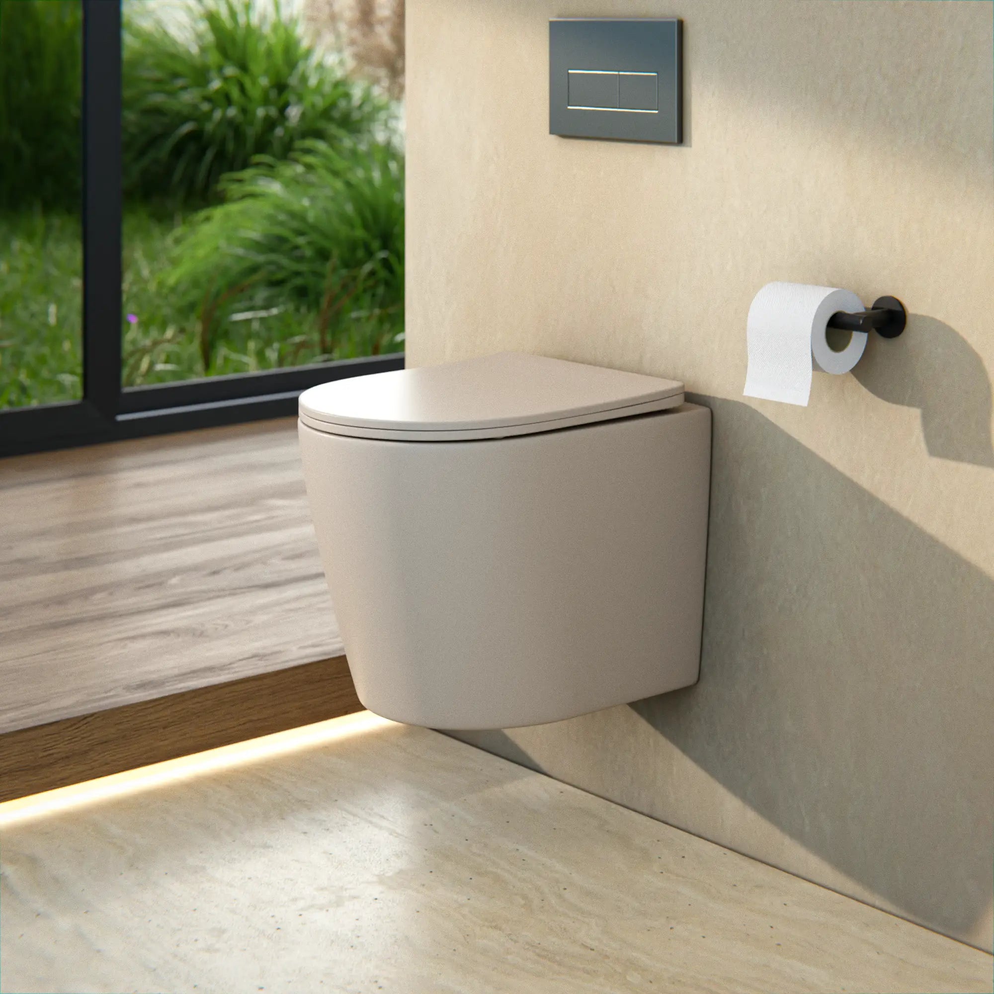Vägghängd toalett Varo - Ramlös - Soft-close-sits - Taupe