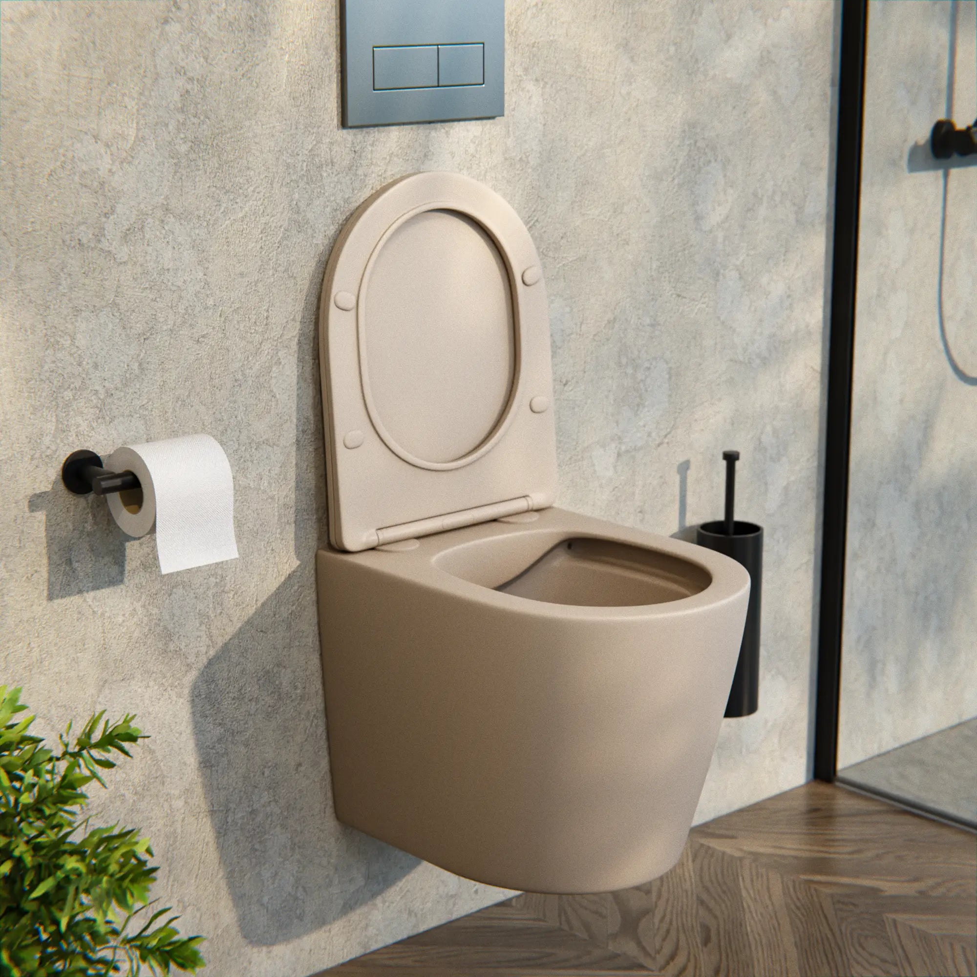 Vägghängd toalett Varo - Ramlös - Soft-close-sits - Taupe