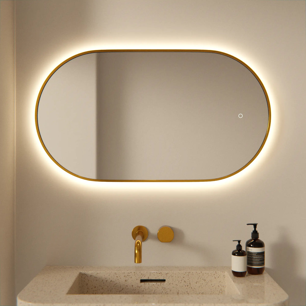 Badrumsspegel - 90x50cm Oval - Guld Ram - Förbeställ