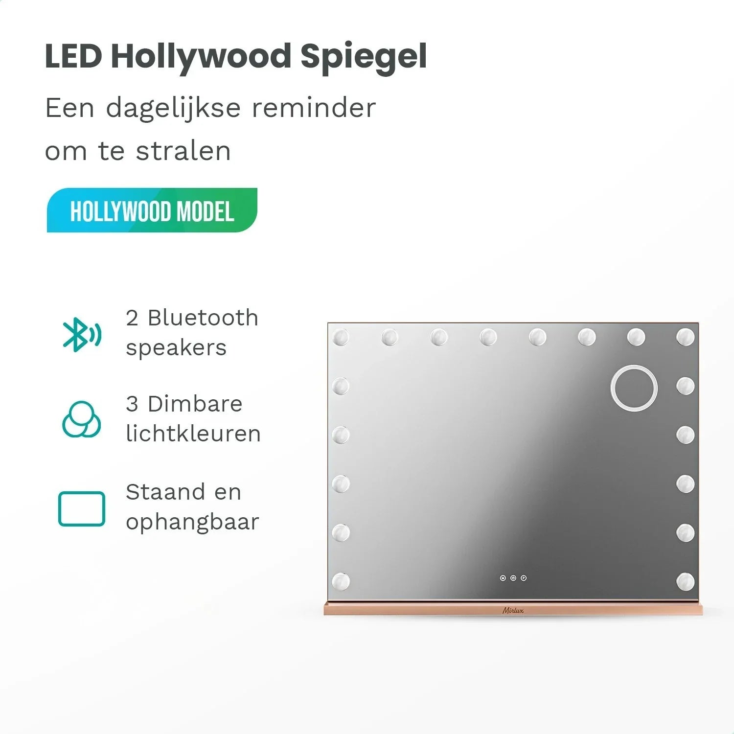 Hollywoodspegel - Bluetooth-högtalare - 80x60 cm - Roséguld