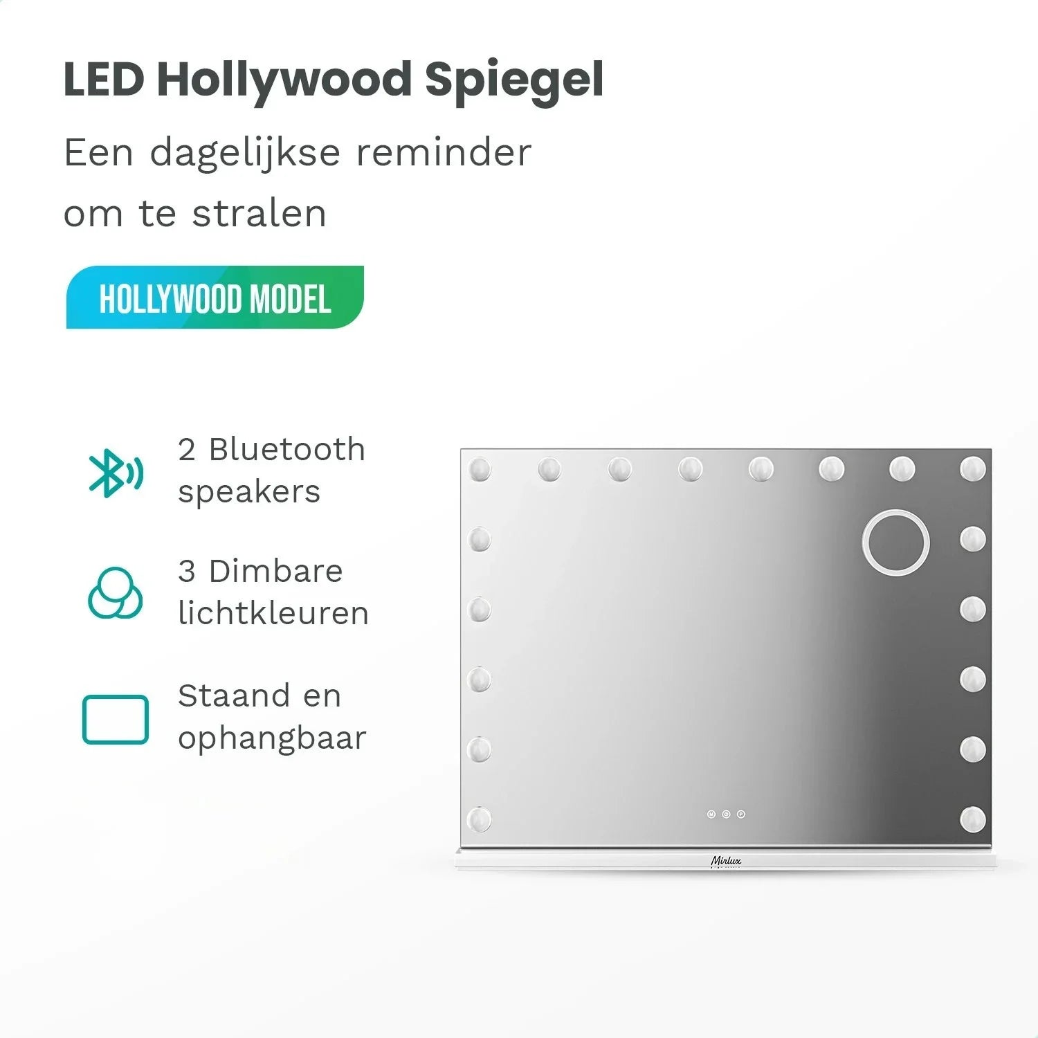 Hollywood Spiegel - Bluetooth Speakers - 80x60cm - Wit