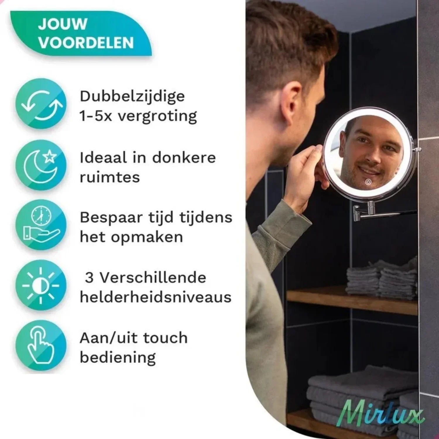 Sminkspegel - Batteridriven - Svart - 1-5x Förstoring